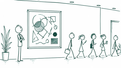 A man in an office lobby staring at a wall painting he has clearly seen too many times, while a stream of commuters walks past without noticing it