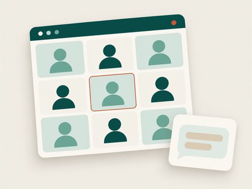 A group video call with nine tiles and a chat bubble