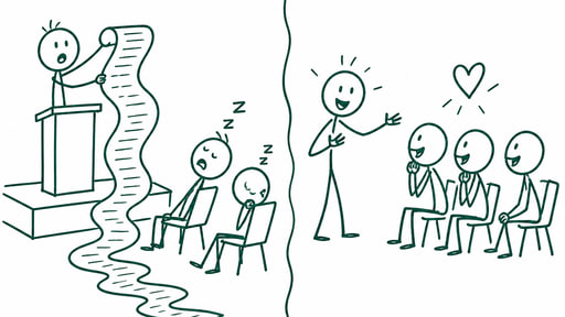 Split scene: on the left a speaker reads a long scroll of credentials to a sleeping audience, on the right a speaker tells a story to an audience leaning in