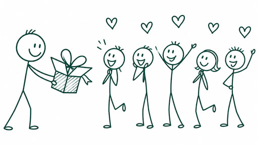 A person handing over an open gift box to a delighted crowd cheering with hearts above them