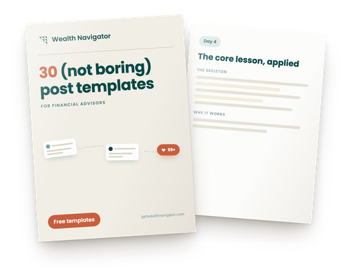 The 30 post templates guide: branded Wealth Navigator cover and a template page from inside