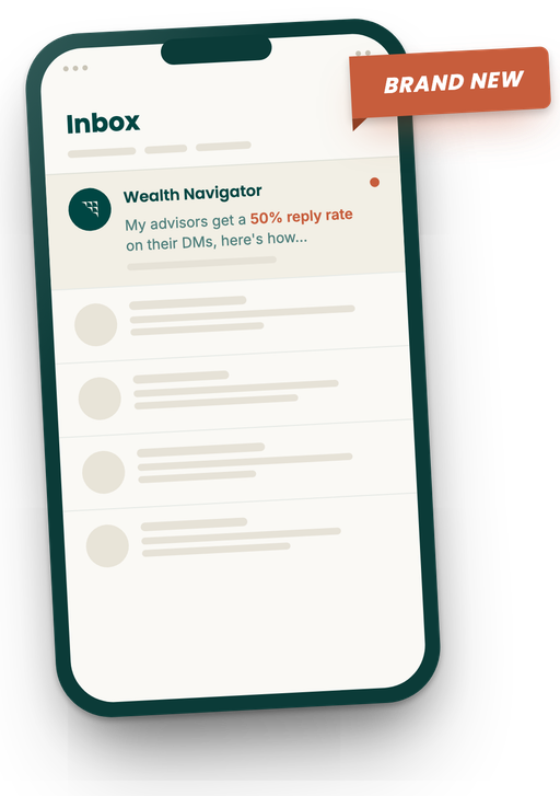 Phone inbox with this month's Wealth Navigator newsletter on top, marked brand new
