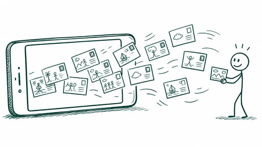 Postcards streaming out of a phone screen and scattering past a person who calmly catches just one of them