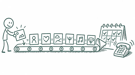 Posts travelling along a conveyor belt into a funnel, coming out as a calendar of booked days and a ringing phone