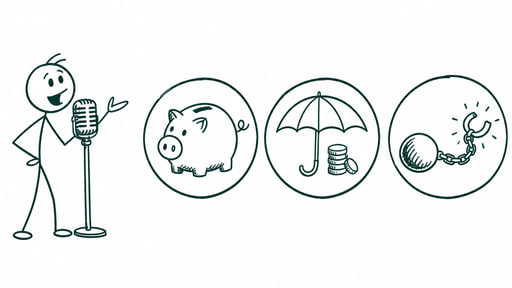 A speaker at a microphone beside three icons: a piggy bank, an umbrella sheltering a stack of coins, and a ball and chain breaking open