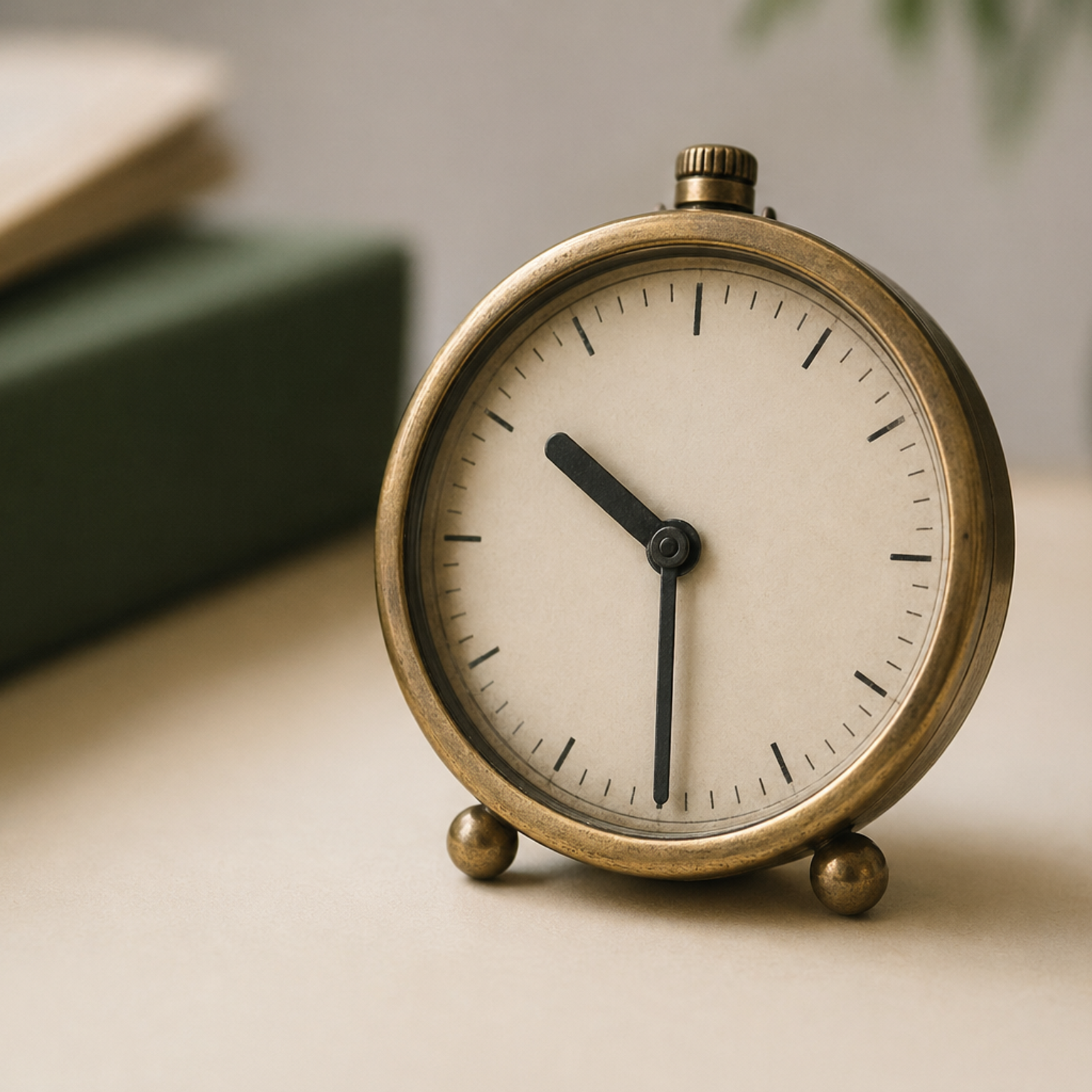 A small brass desk clock showing 10:30 in soft window light