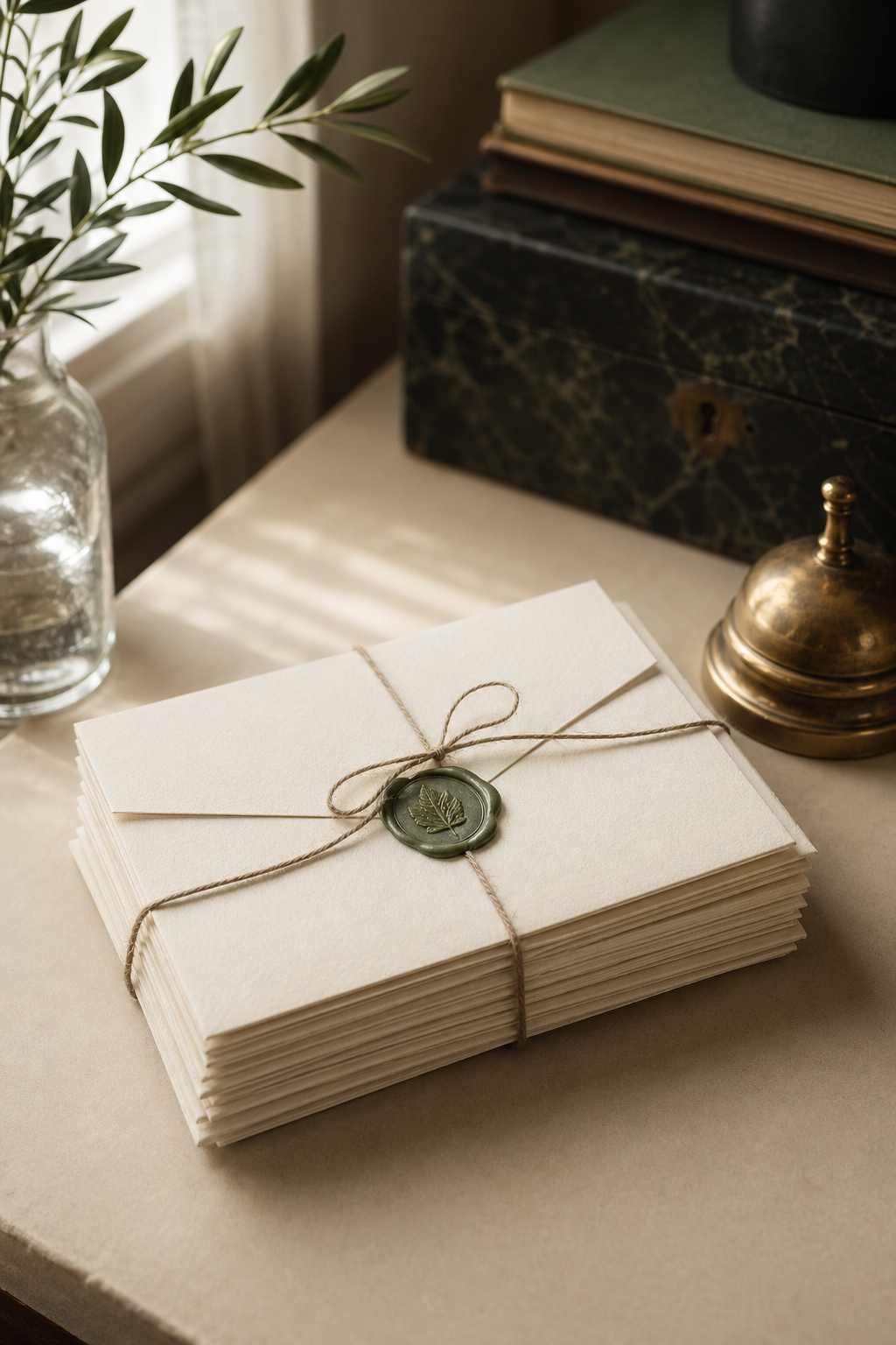 A hand-tied bundle of cream letterpress envelopes resting on an advisor's desk