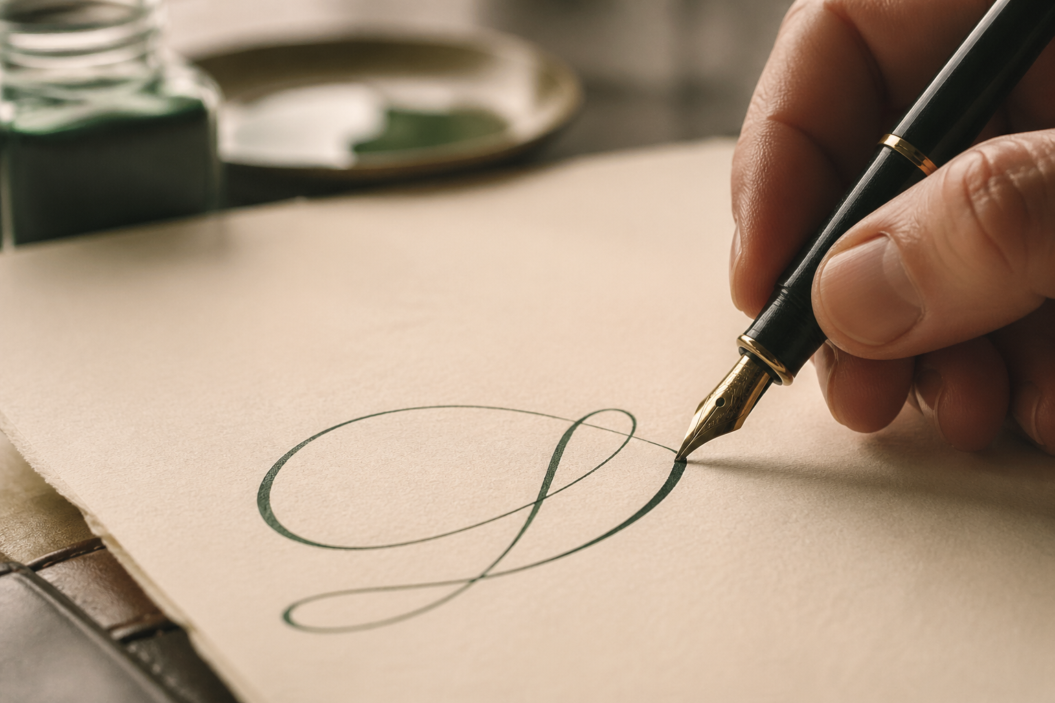 A vintage fountain pen mid-stroke on cream cotton paper