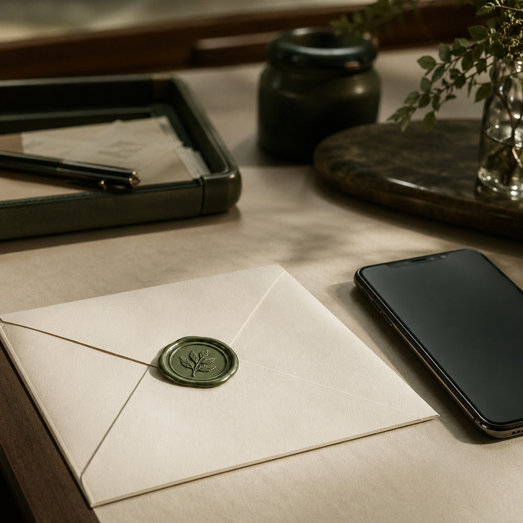 A wax-sealed letter beside a slim phone, evoking multi-channel correspondence
