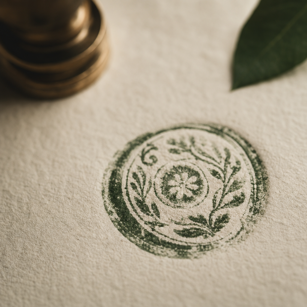 A vintage postmark or wax seal pressed into cream paper