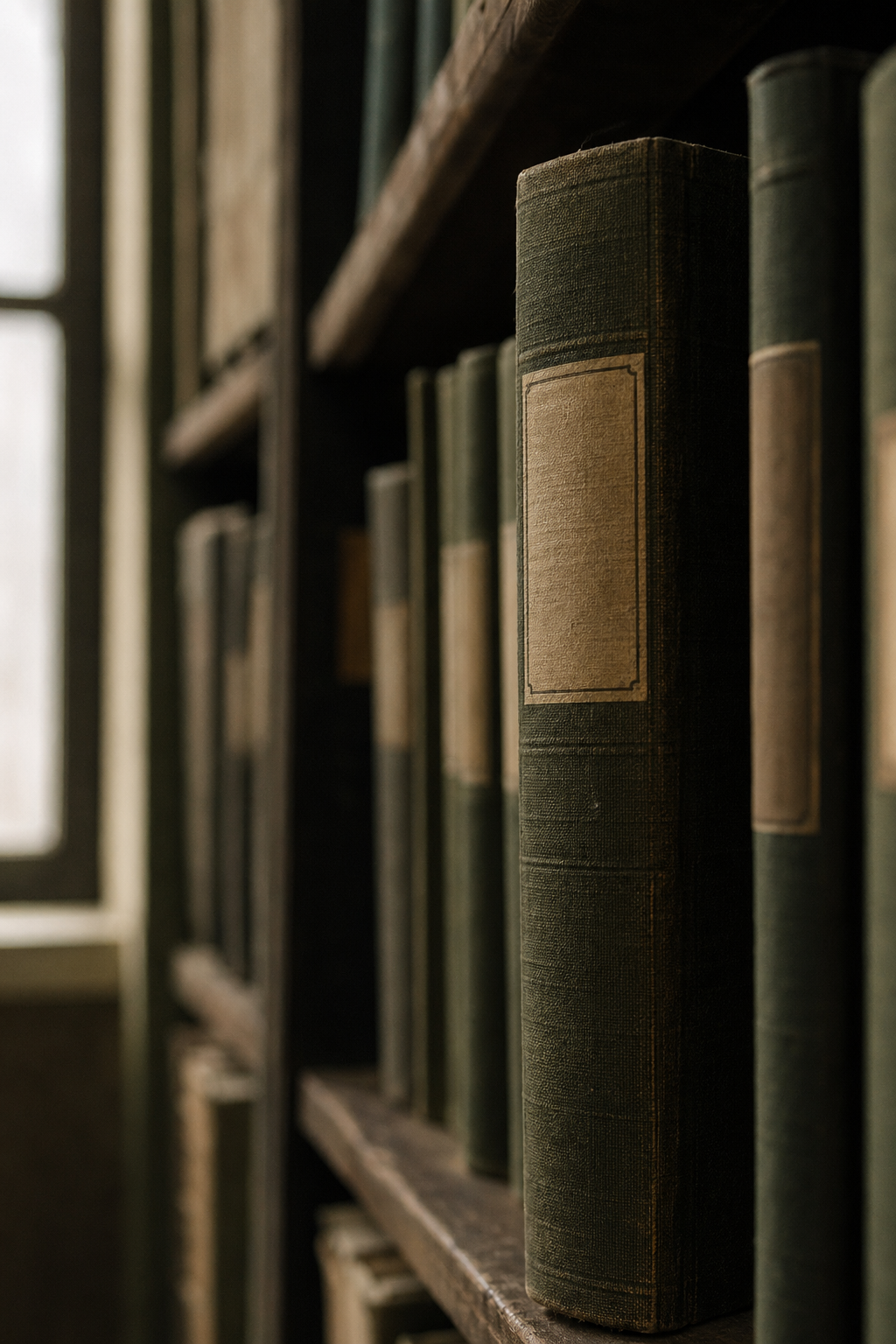 The spine of an archival vault folder among a row of others
