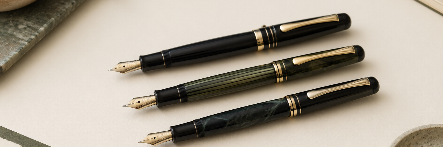 Three matched fountain pens lying in a row on a paper-cream desk