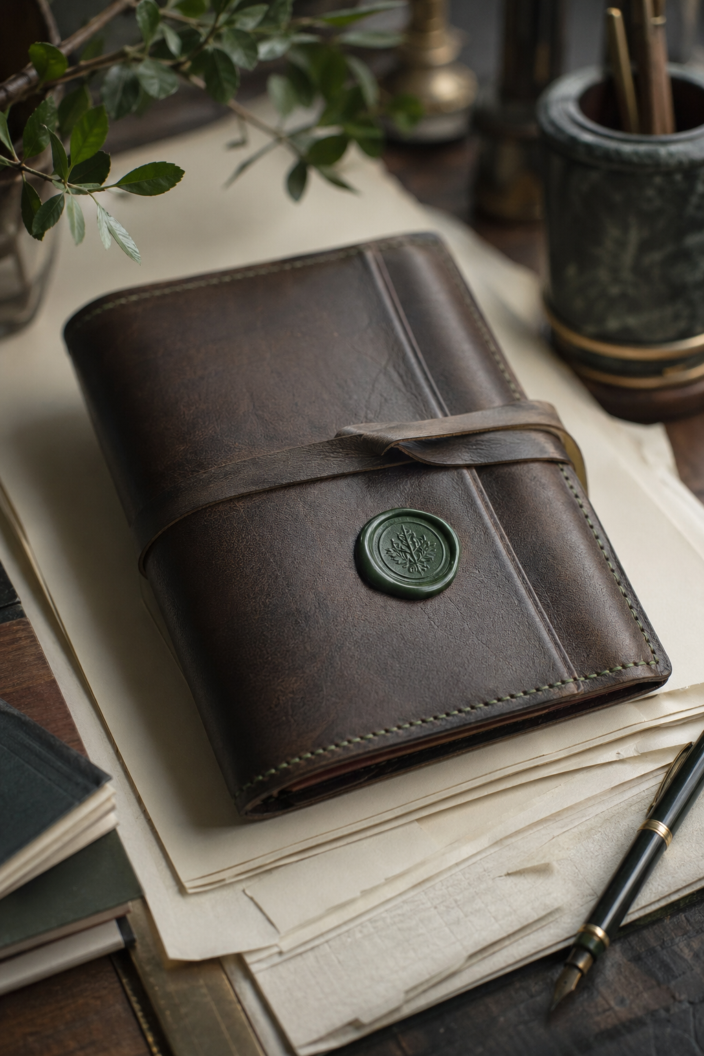 Hand-bound leather portfolio resting on a stack of cream archival paper, embossed with a forest-green wax seal.