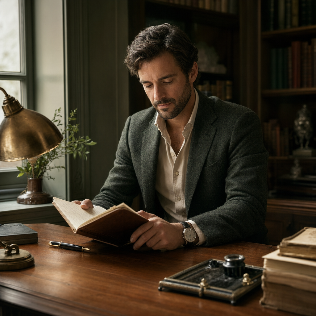 A wealth advisor at his desk reviewing handwritten notes by lamp light