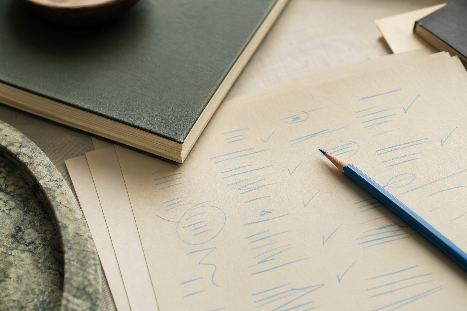 An editor's blue pencil resting on cream paper with light annotation marks — the way LIA reviews each draft before it surfaces to you.