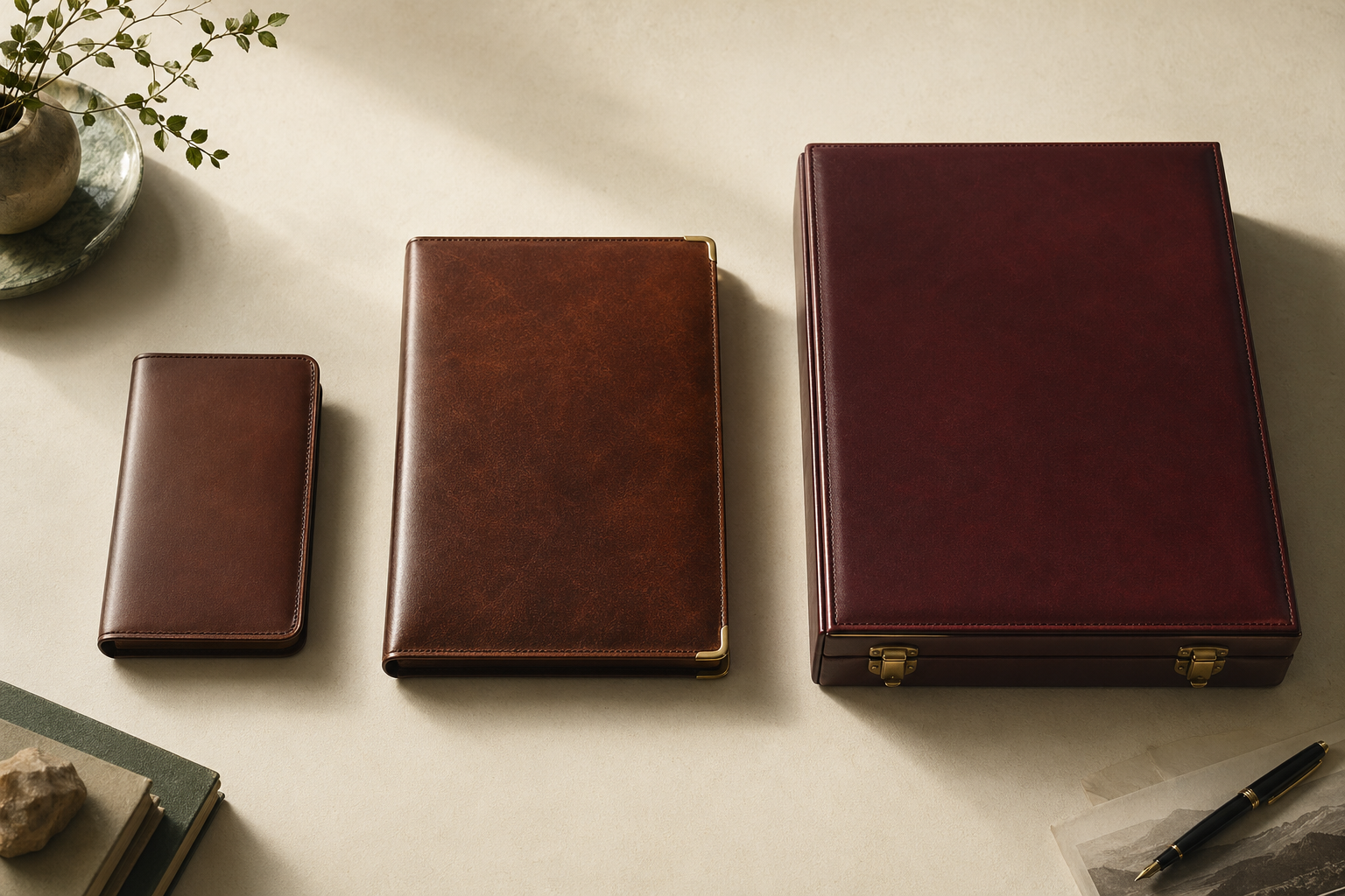 Three leather portfolios of increasing size arranged side by side on a cream paper surface.