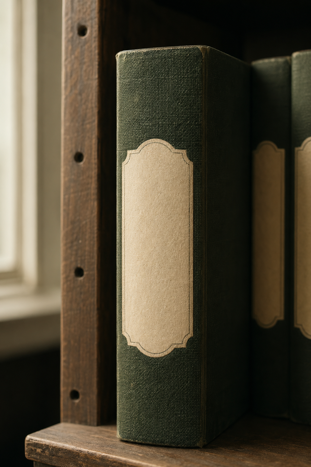 The spine of an archival vault folder on a wooden archive shelf.