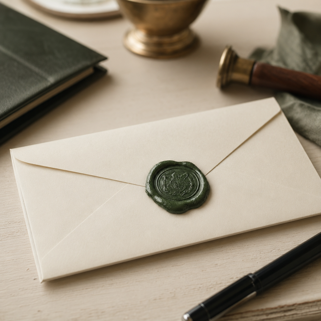A folded cream letter sealed with a sage-green wax seal.